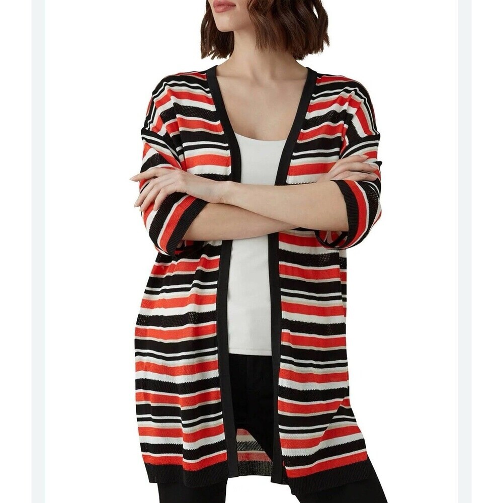 Karen‎ Millen Open Front Cardigan Sweater Small Duster Black Orange Stripe